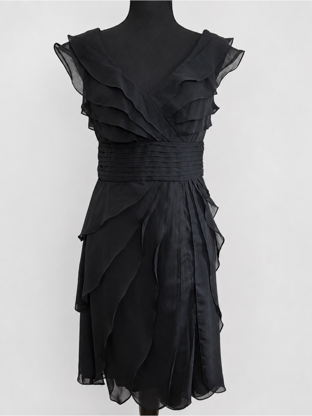Adrianna Papell Occasions Black Chiffon Tiered Ruffle Cocktail Dress Petite 4P